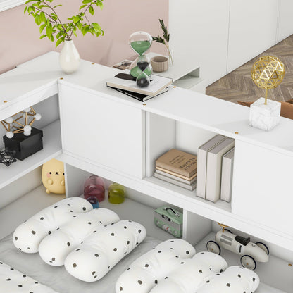 Full Floor Bed with L - shaped Bookcases, sliding doors,without slats,White - Usofuns