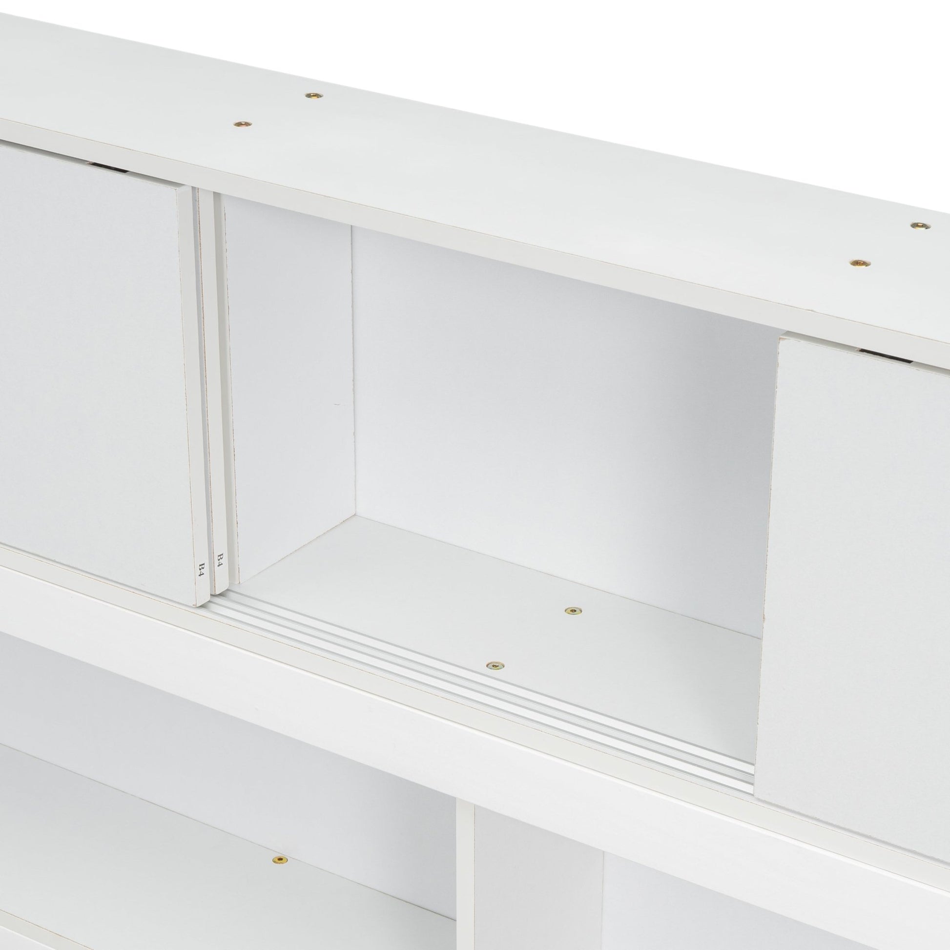 Full Floor Bed with L - shaped Bookcases, sliding doors,without slats,White - Usofuns