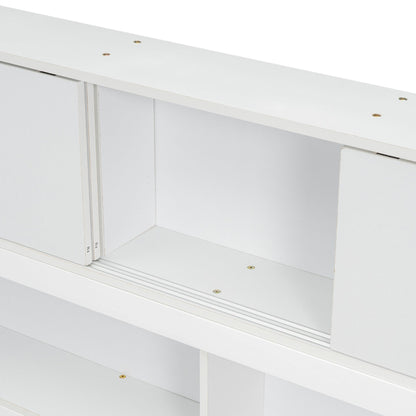 Full Floor Bed with L - shaped Bookcases, sliding doors,without slats,White - Usofuns