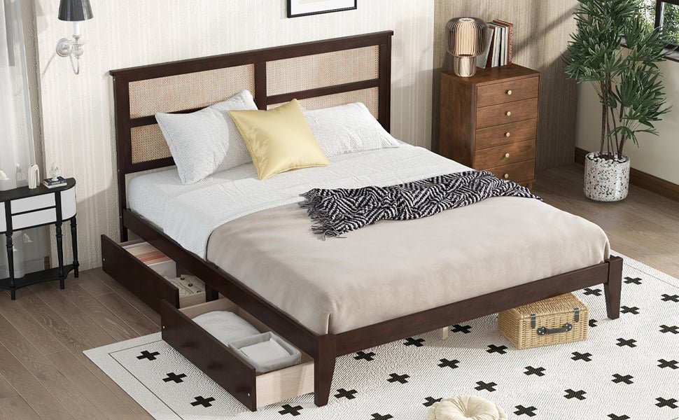King Size Bed with Rattan Headboard, Two Storage Drawers, Rubber Wood Bed with Enhanced Support Salts and Feet,Espresso - Usofuns