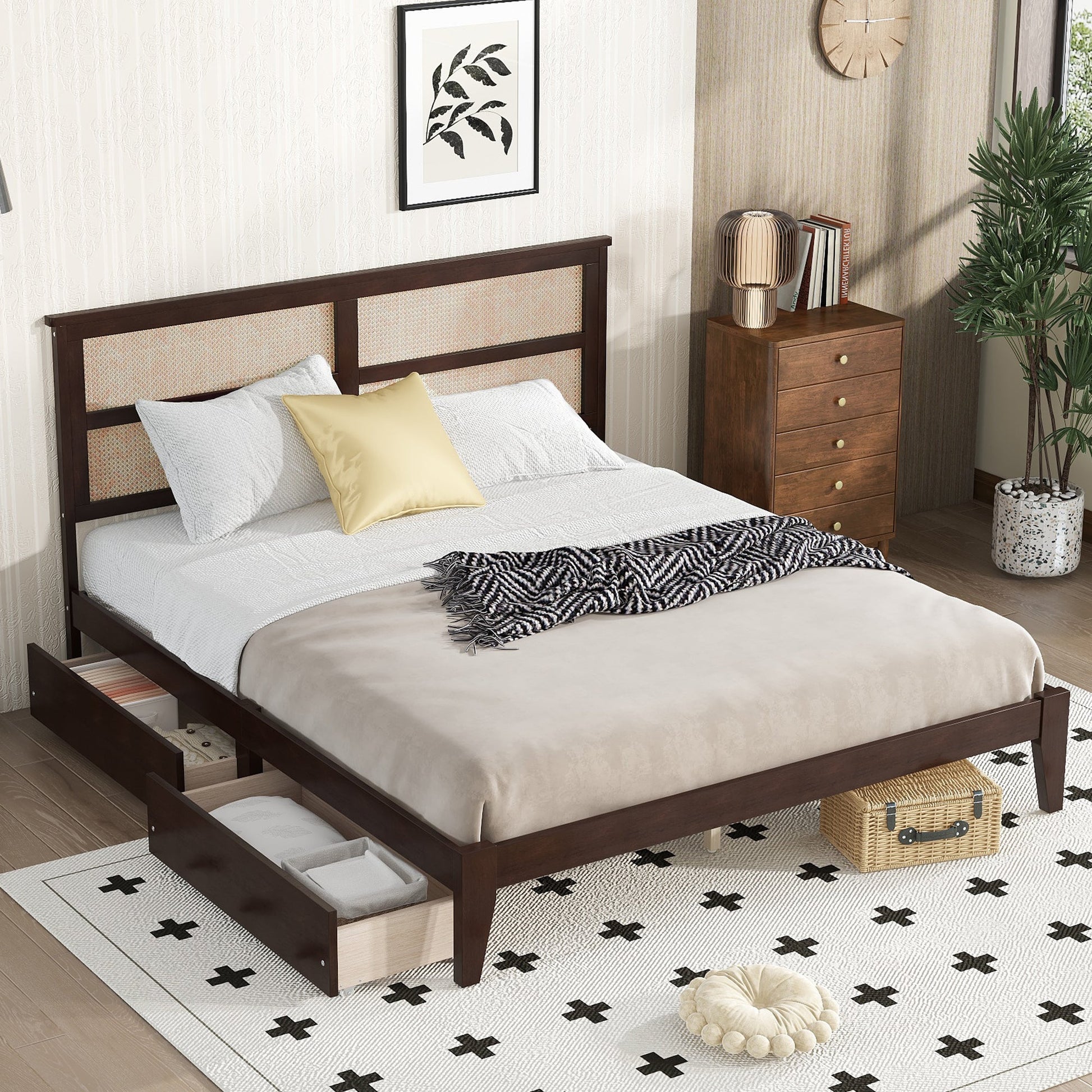 King Size Bed with Rattan Headboard, Two Storage Drawers, Rubber Wood Bed with Enhanced Support Salts and Feet,Espresso - Usofuns