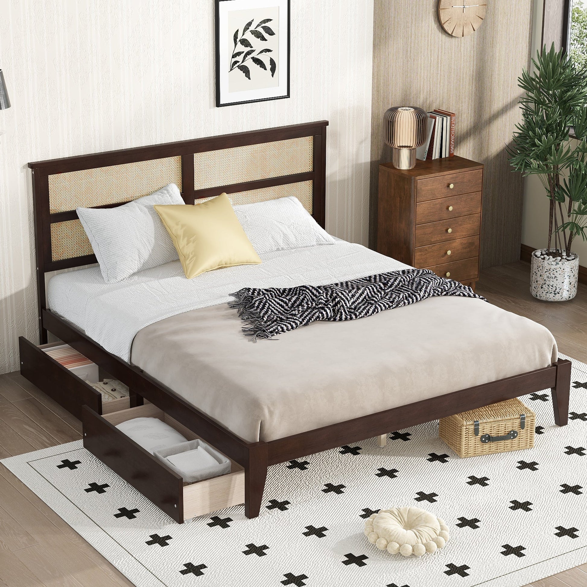 King Size Bed with Rattan Headboard, Two Storage Drawers, Rubber Wood Bed with Enhanced Support Salts and Feet,Espresso - Usofuns