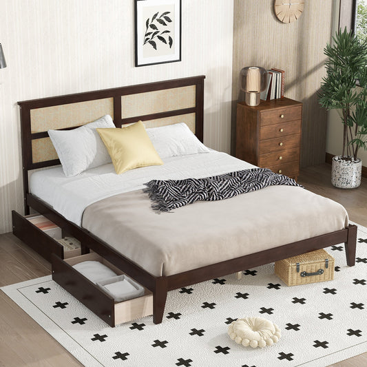 King Size Bed with Rattan Headboard, Two Storage Drawers, Rubber Wood Bed with Enhanced Support Salts and Feet,Espresso - Usofuns