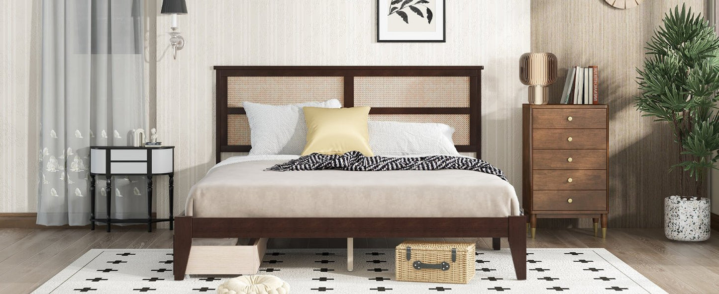 King Size Bed with Rattan Headboard, Two Storage Drawers, Rubber Wood Bed with Enhanced Support Salts and Feet,Espresso - Usofuns