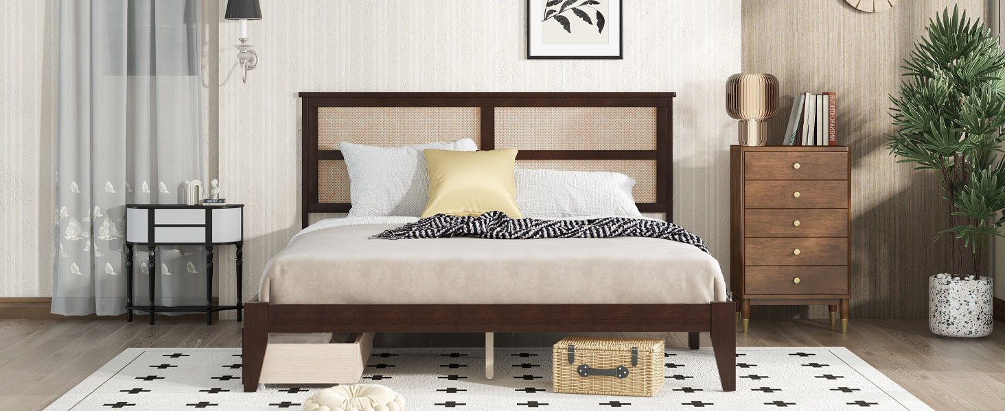 King Size Bed with Rattan Headboard, Two Storage Drawers, Rubber Wood Bed with Enhanced Support Salts and Feet,Espresso - Usofuns
