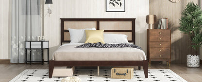 King Size Bed with Rattan Headboard, Two Storage Drawers, Rubber Wood Bed with Enhanced Support Salts and Feet,Espresso - Usofuns