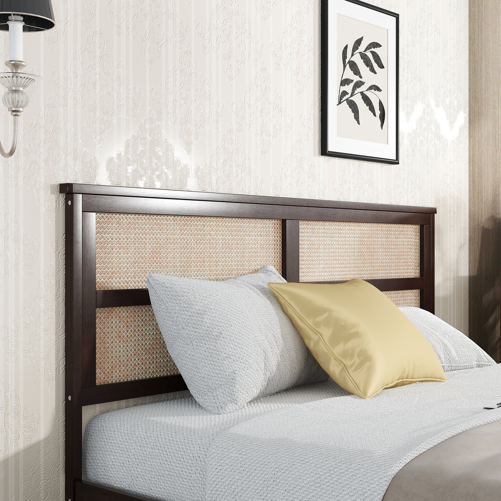 King Size Bed with Rattan Headboard, Two Storage Drawers, Rubber Wood Bed with Enhanced Support Salts and Feet,Espresso - Usofuns