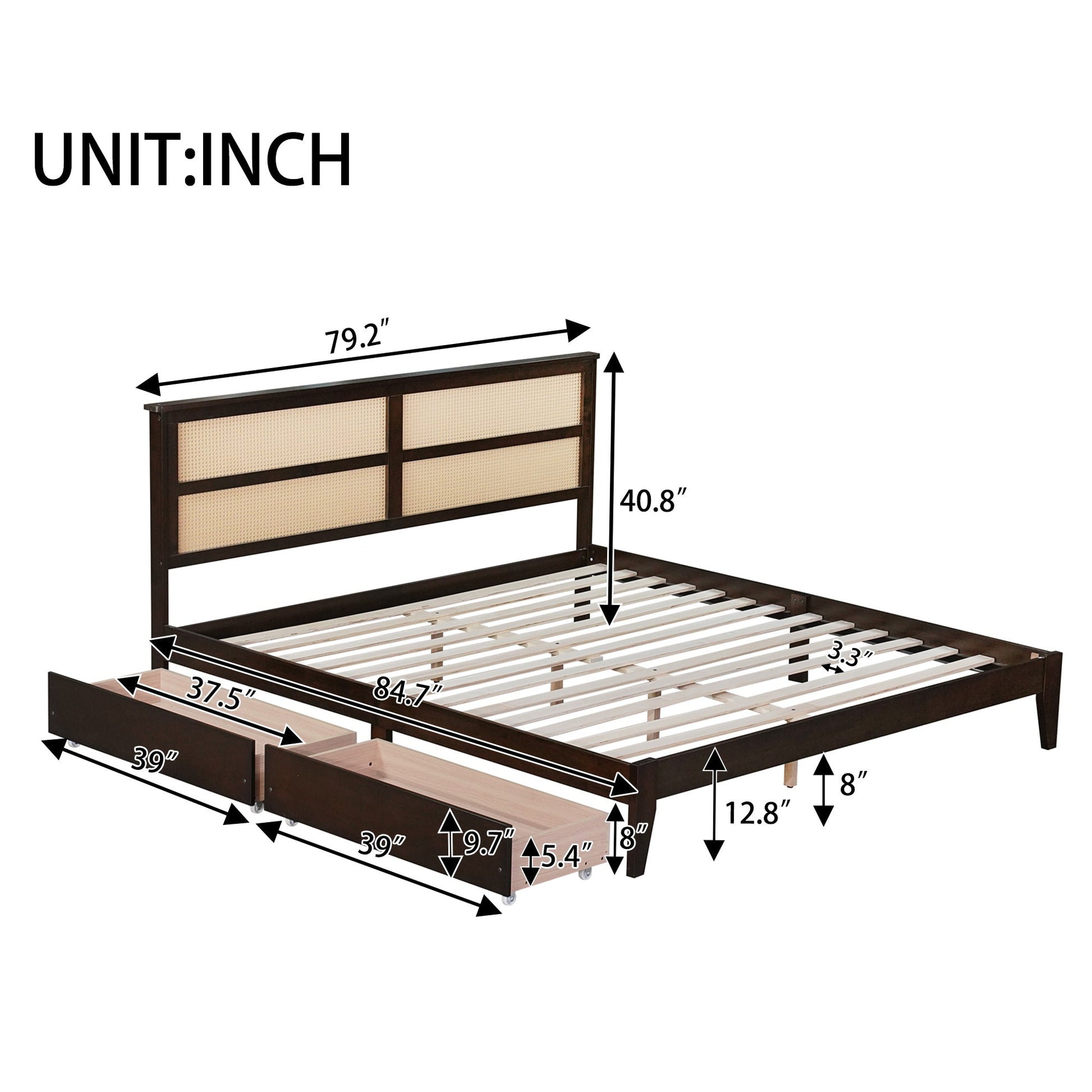 King Size Bed with Rattan Headboard, Two Storage Drawers, Rubber Wood Bed with Enhanced Support Salts and Feet,Espresso - Usofuns