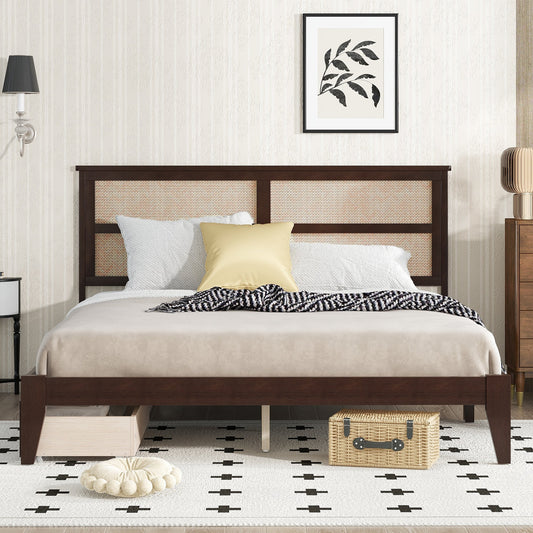 King Size Bed with Rattan Headboard, Two Storage Drawers, Rubber Wood Bed with Enhanced Support Salts and Feet,Espresso - Usofuns