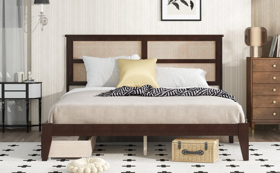 King Size Bed with Rattan Headboard, Two Storage Drawers, Rubber Wood Bed with Enhanced Support Salts and Feet,Espresso - Usofuns