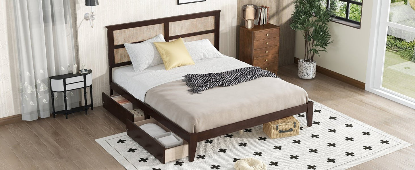 King Size Bed with Rattan Headboard, Two Storage Drawers, Rubber Wood Bed with Enhanced Support Salts and Feet,Espresso - Usofuns