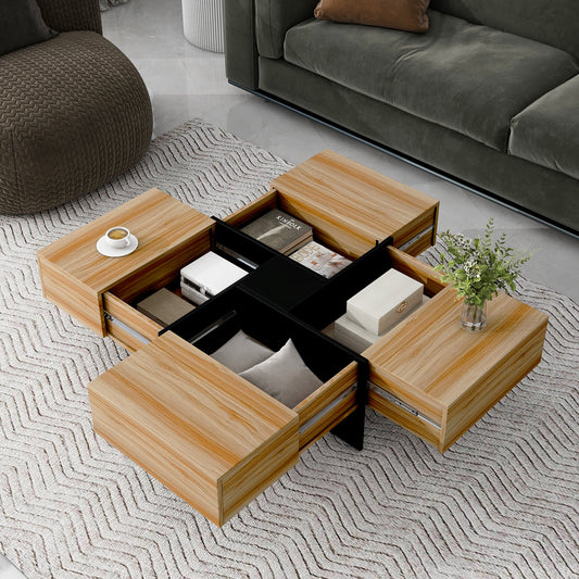 ON - TREND Unique Design Coffee Table with 4 Hidden Storage Compartments, Square Cocktail Table with Extendable Sliding Tabletop, UV High - gloss Design Center Table for Living Room, 31.5'x 31.5' - Usofuns