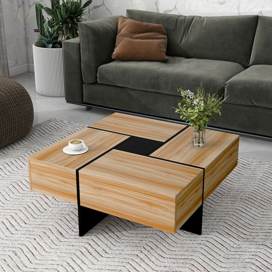 ON - TREND Unique Design Coffee Table with 4 Hidden Storage Compartments, Square Cocktail Table with Extendable Sliding Tabletop, UV High - gloss Design Center Table for Living Room, 31.5'x 31.5' - Usofuns
