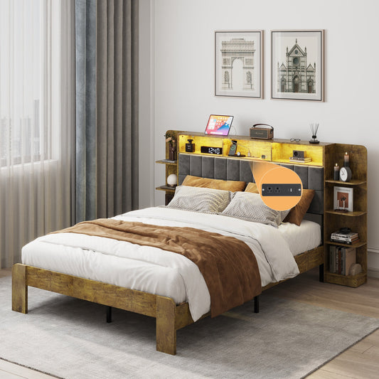 Queen Bed Frame with Storage, Platform Bed Queen Size with LED Lights and Charging Station, Dark gray Linen Headboard with Bookcase Shelves, No Box Spring Needed, Noise Free,Vintage Brown - Usofuns