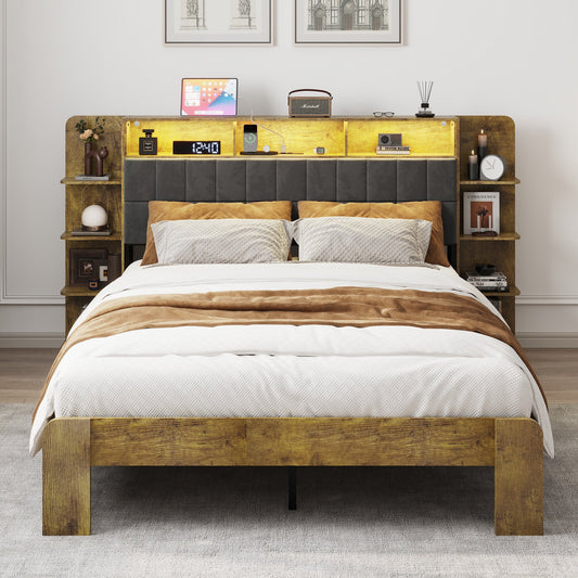 Queen Bed Frame with Storage, Platform Bed Queen Size with LED Lights and Charging Station, Dark gray Linen Headboard with Bookcase Shelves, No Box Spring Needed, Noise Free,Vintage Brown - Usofuns
