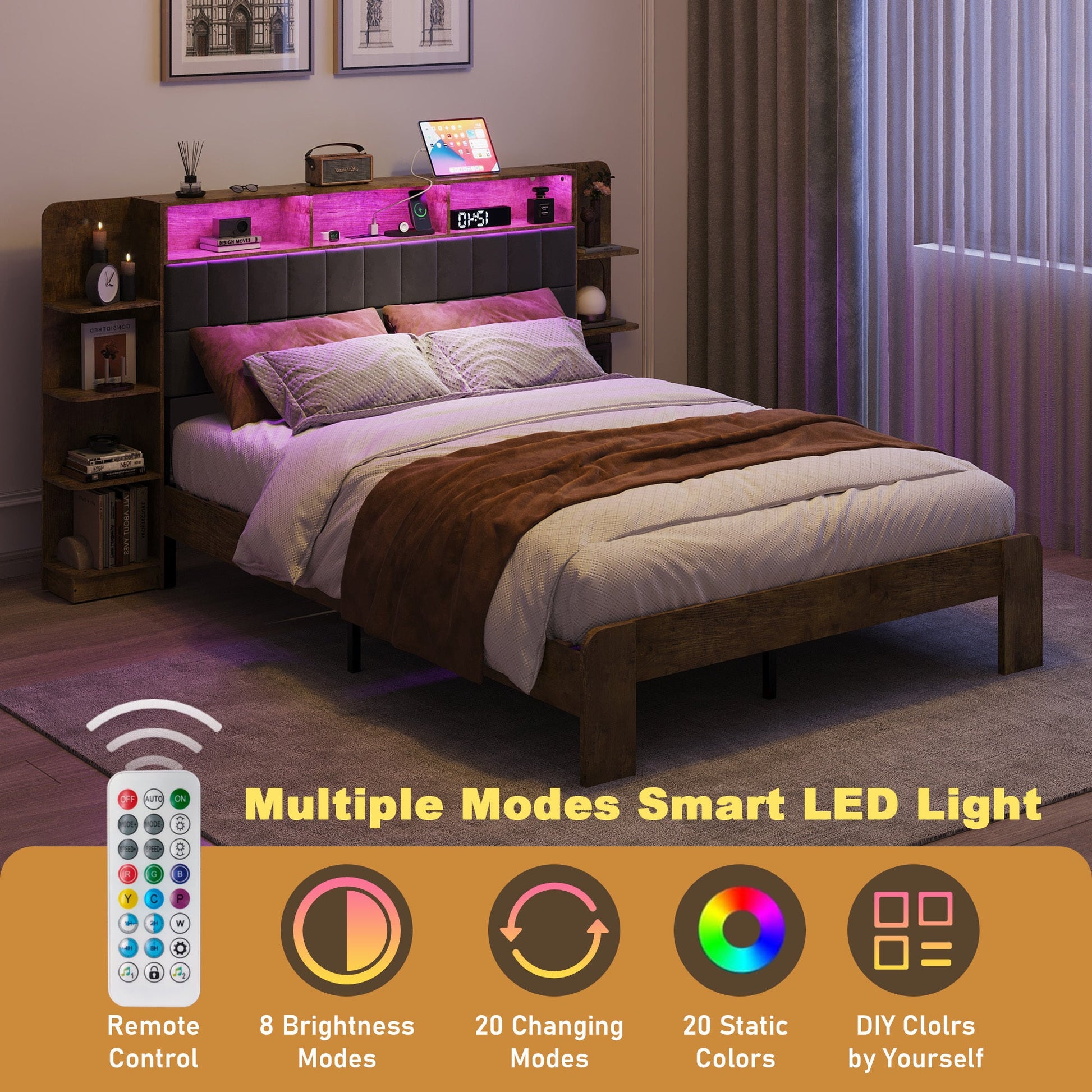 Queen Bed Frame with Storage, Platform Bed Queen Size with LED Lights and Charging Station, Dark gray Linen Headboard with Bookcase Shelves, No Box Spring Needed, Noise Free,Vintage Brown - Usofuns