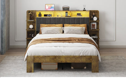 Queen Bed Frame with Storage, Platform Bed Queen Size with LED Lights and Charging Station, Dark gray Linen Headboard with Bookcase Shelves, No Box Spring Needed, Noise Free,Vintage Brown - Usofuns