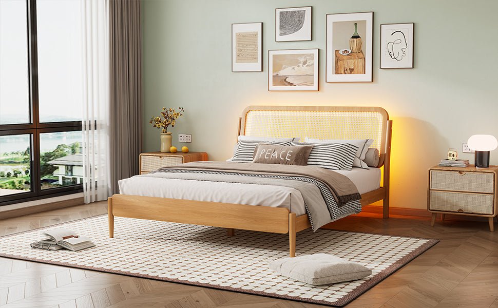 Queen Size Wood Storage Platform Bed with LED Light, Rattan Headboard, Nature - Usofuns