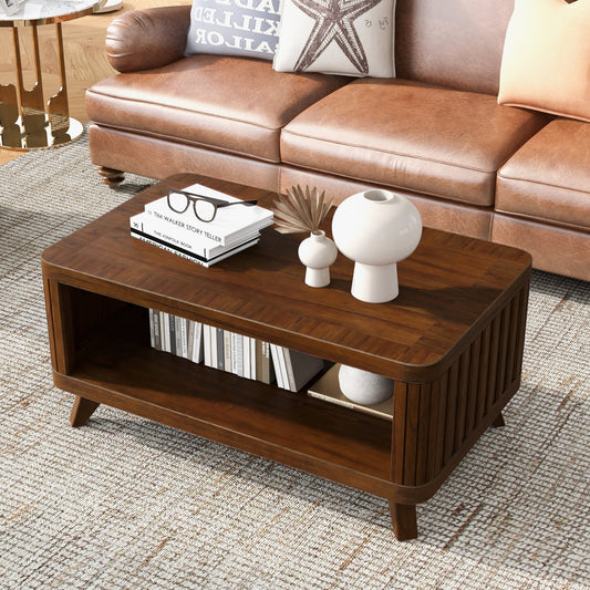 Rectangular Wood Coffee Table for Living Room, 41.5 - Inch Coffee Table with Solid Wood Legs, Wood Center Table Tea Table with Open Storage Shelf. Easy Assembly, Espresso - Usofuns