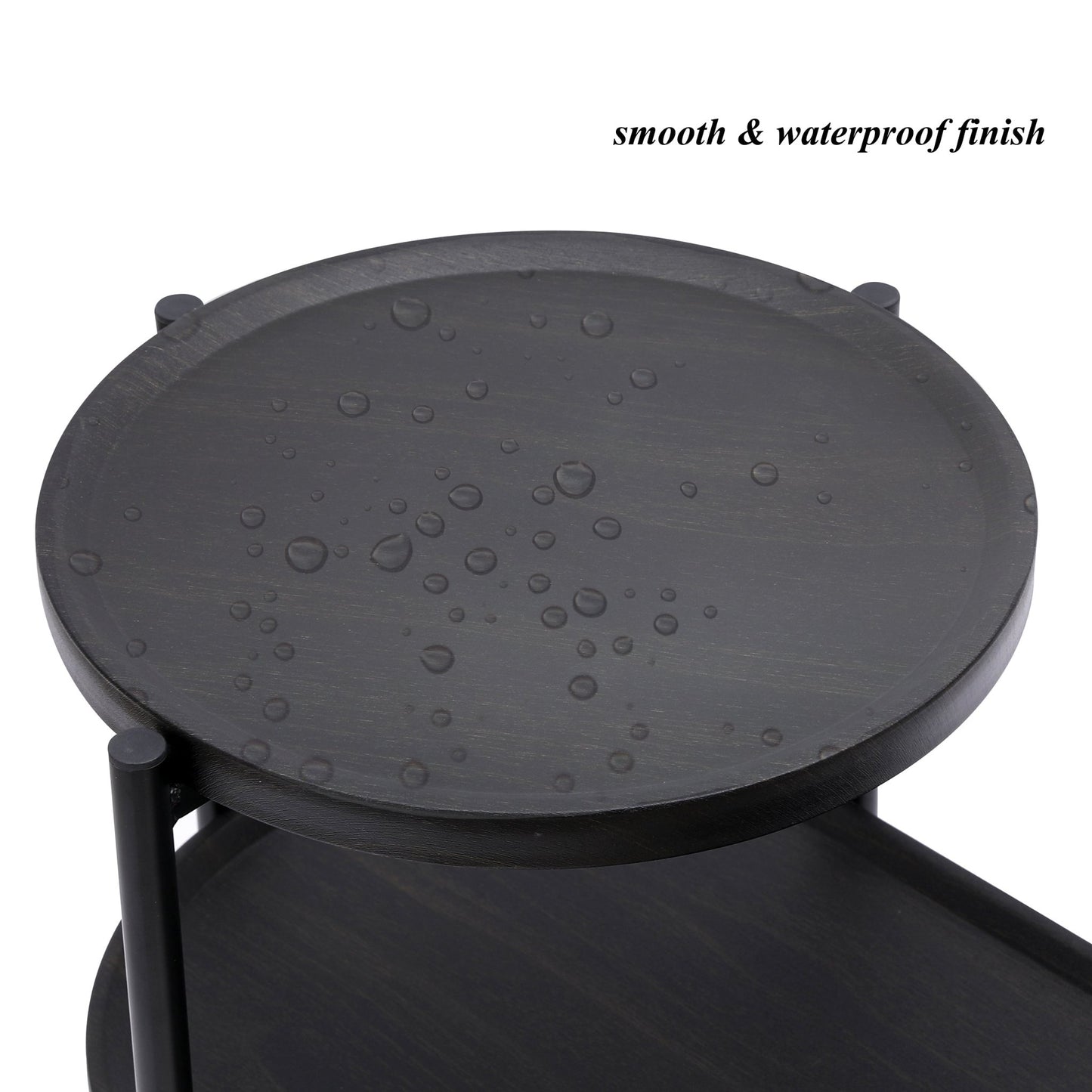 Round Coffee Table with Storage Tray 2 Tier Oval End Tables Wooden Small Side Table for Living Room (Black) - Usofuns