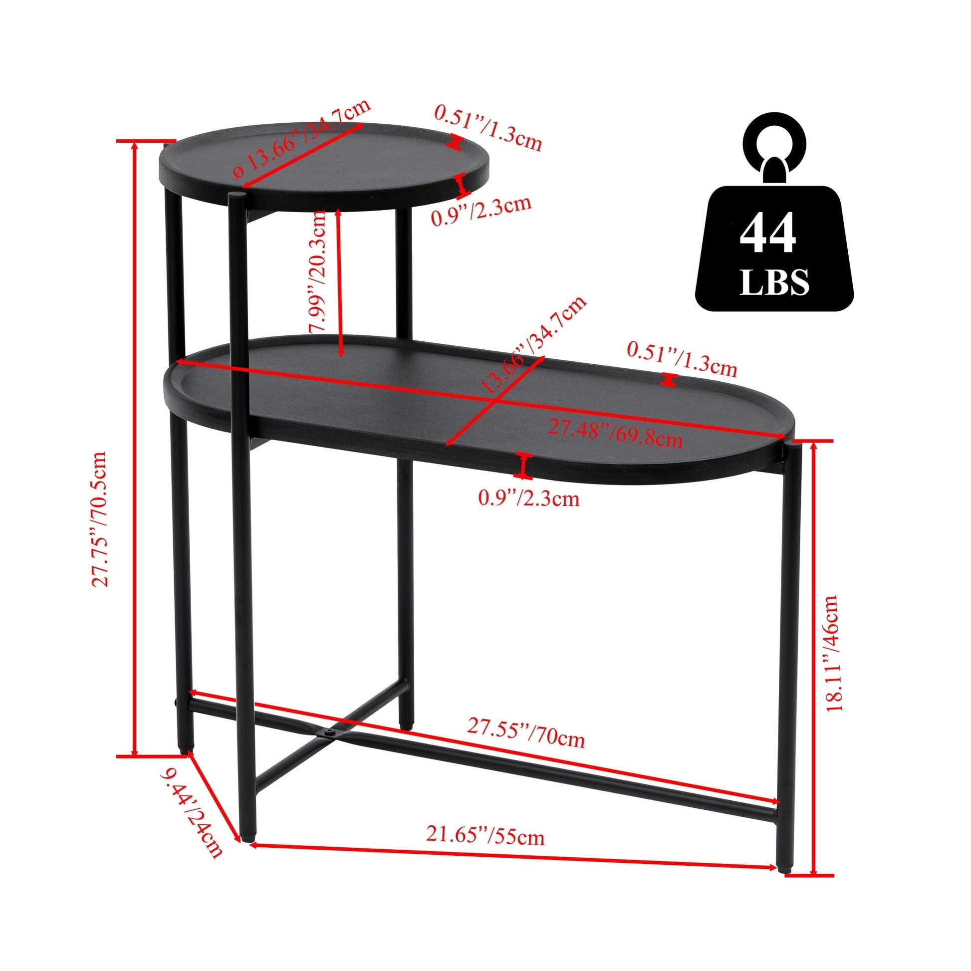 Round Coffee Table with Storage Tray 2 Tier Oval End Tables Wooden Small Side Table for Living Room (Black) - Usofuns