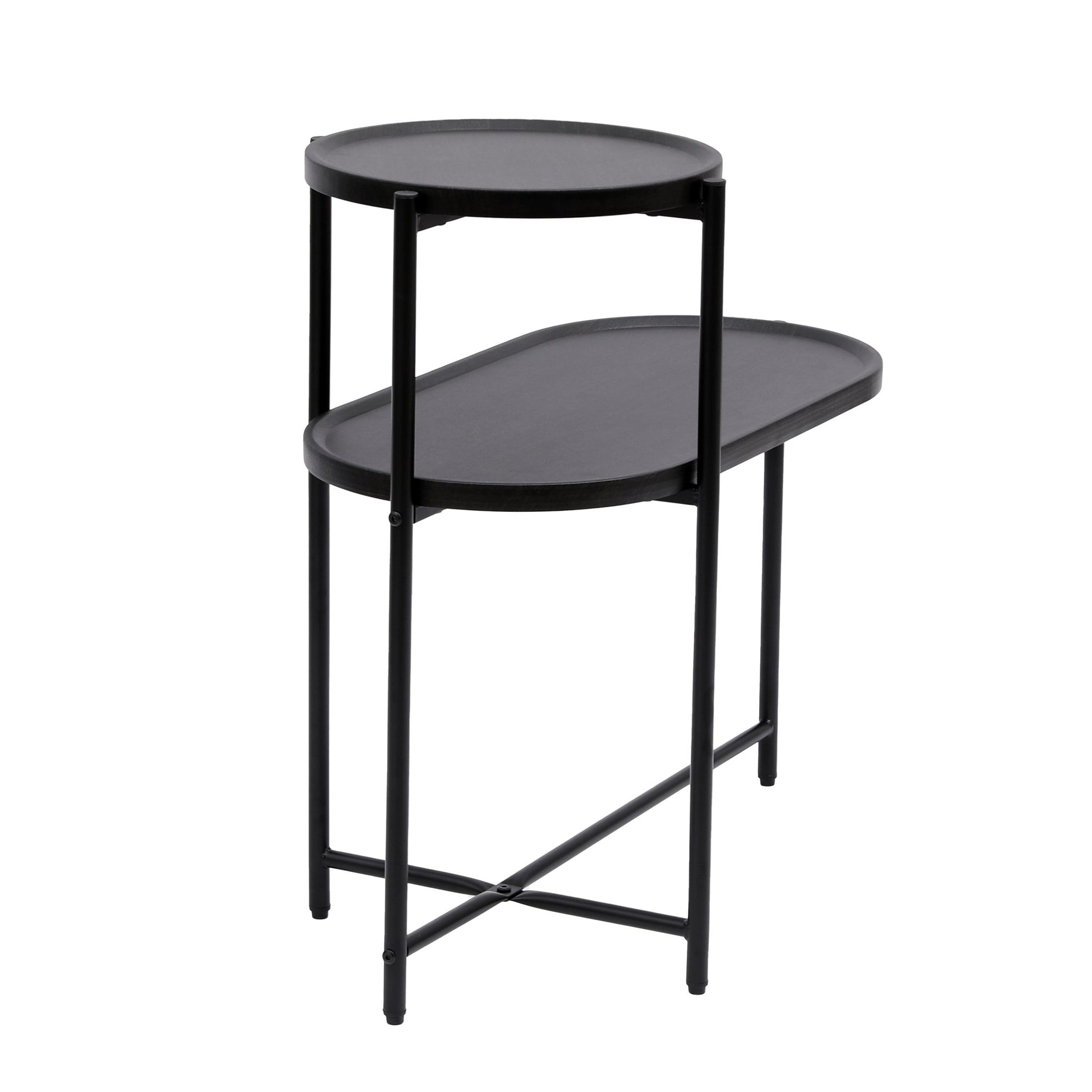 Round Coffee Table with Storage Tray 2 Tier Oval End Tables Wooden Small Side Table for Living Room (Black) - Usofuns