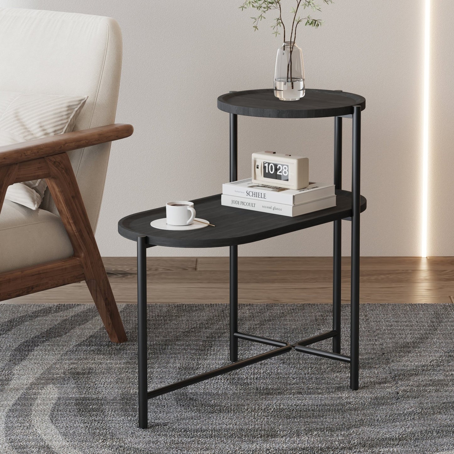 Round Coffee Table with Storage Tray 2 Tier Oval End Tables Wooden Small Side Table for Living Room (Black) - Usofuns