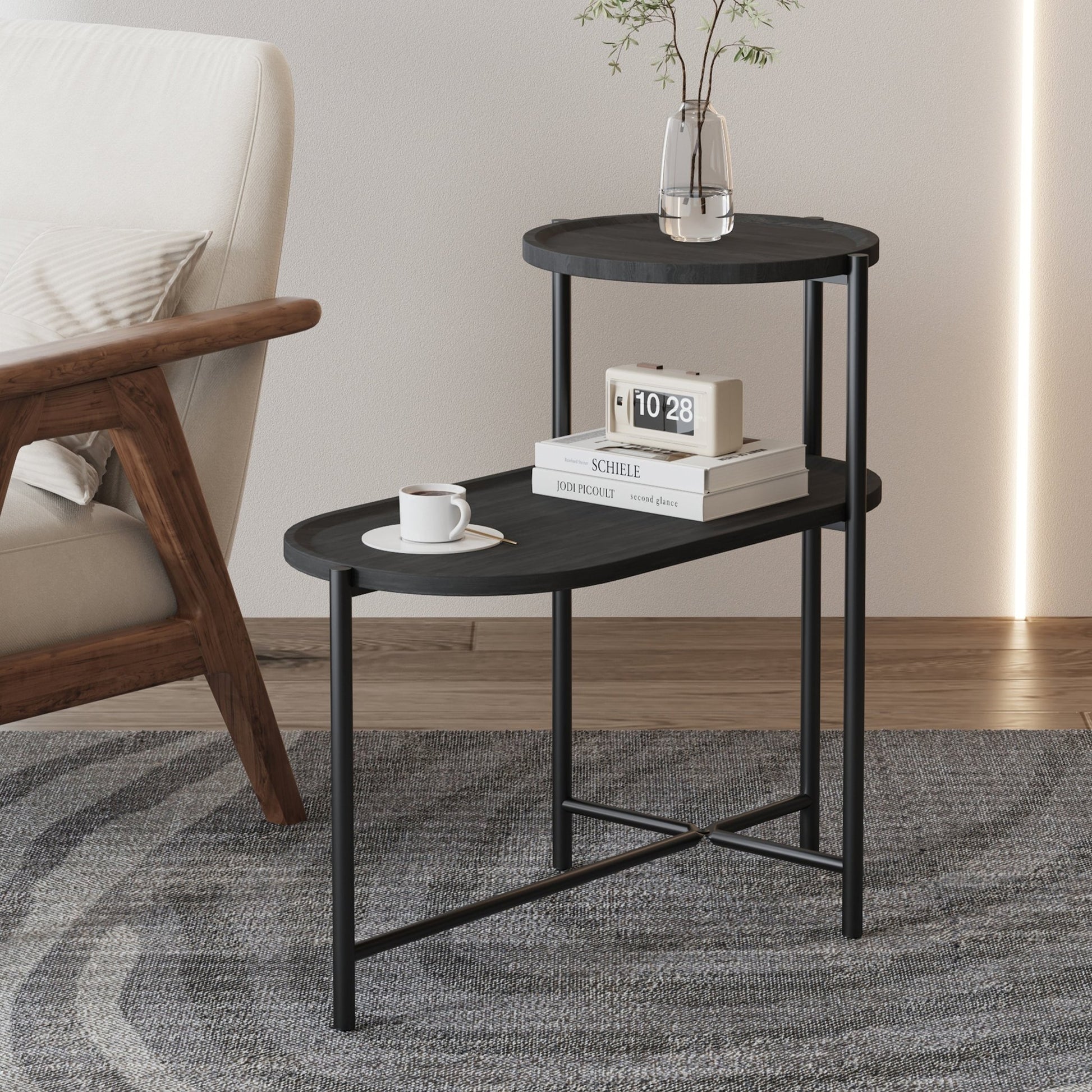Round Coffee Table with Storage Tray 2 Tier Oval End Tables Wooden Small Side Table for Living Room (Black) - Usofuns