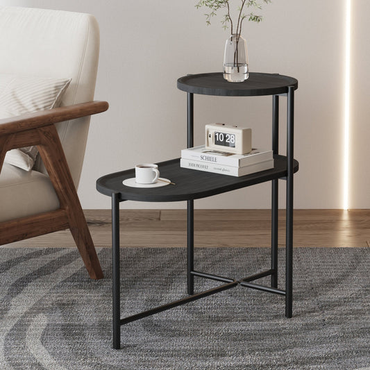 Round Coffee Table with Storage Tray 2 Tier Oval End Tables Wooden Small Side Table for Living Room (Black) - Usofuns