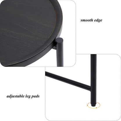 Round Coffee Table with Storage Tray 2 Tier Oval End Tables Wooden Small Side Table for Living Room (Black) - Usofuns