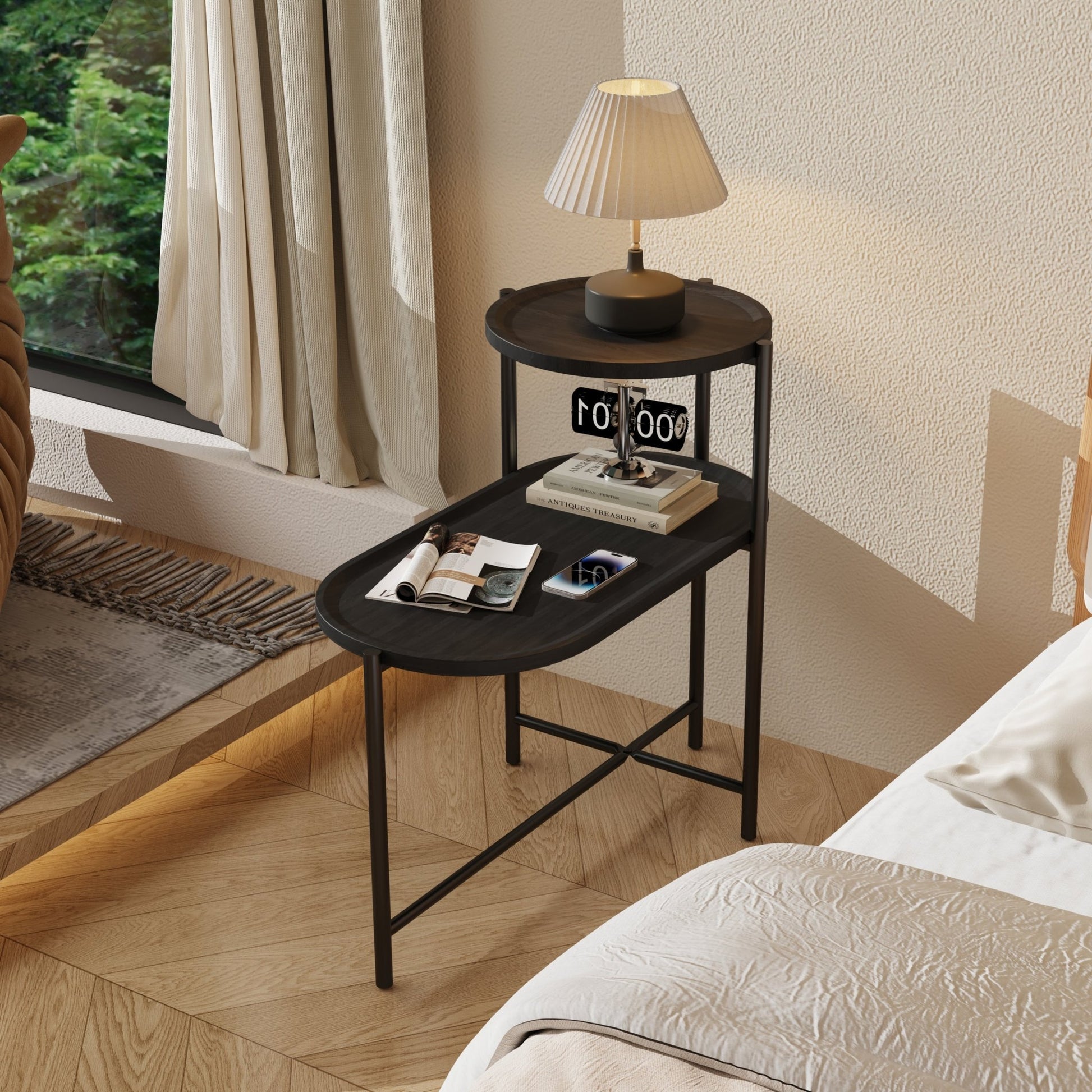 Round Coffee Table with Storage Tray 2 Tier Oval End Tables Wooden Small Side Table for Living Room (Black) - Usofuns