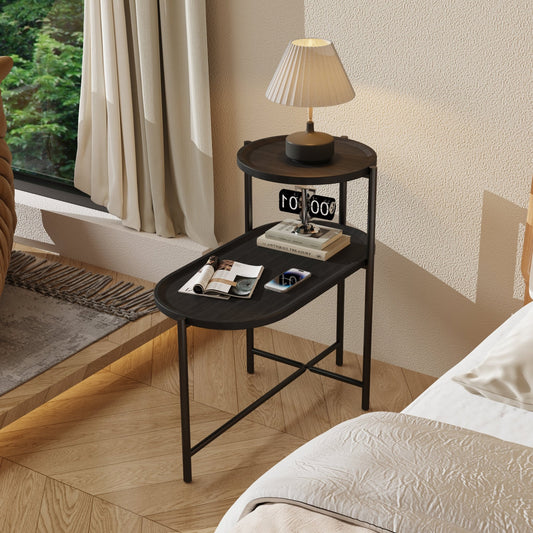 Round Coffee Table with Storage Tray 2 Tier Oval End Tables Wooden Small Side Table for Living Room (Black) - Usofuns
