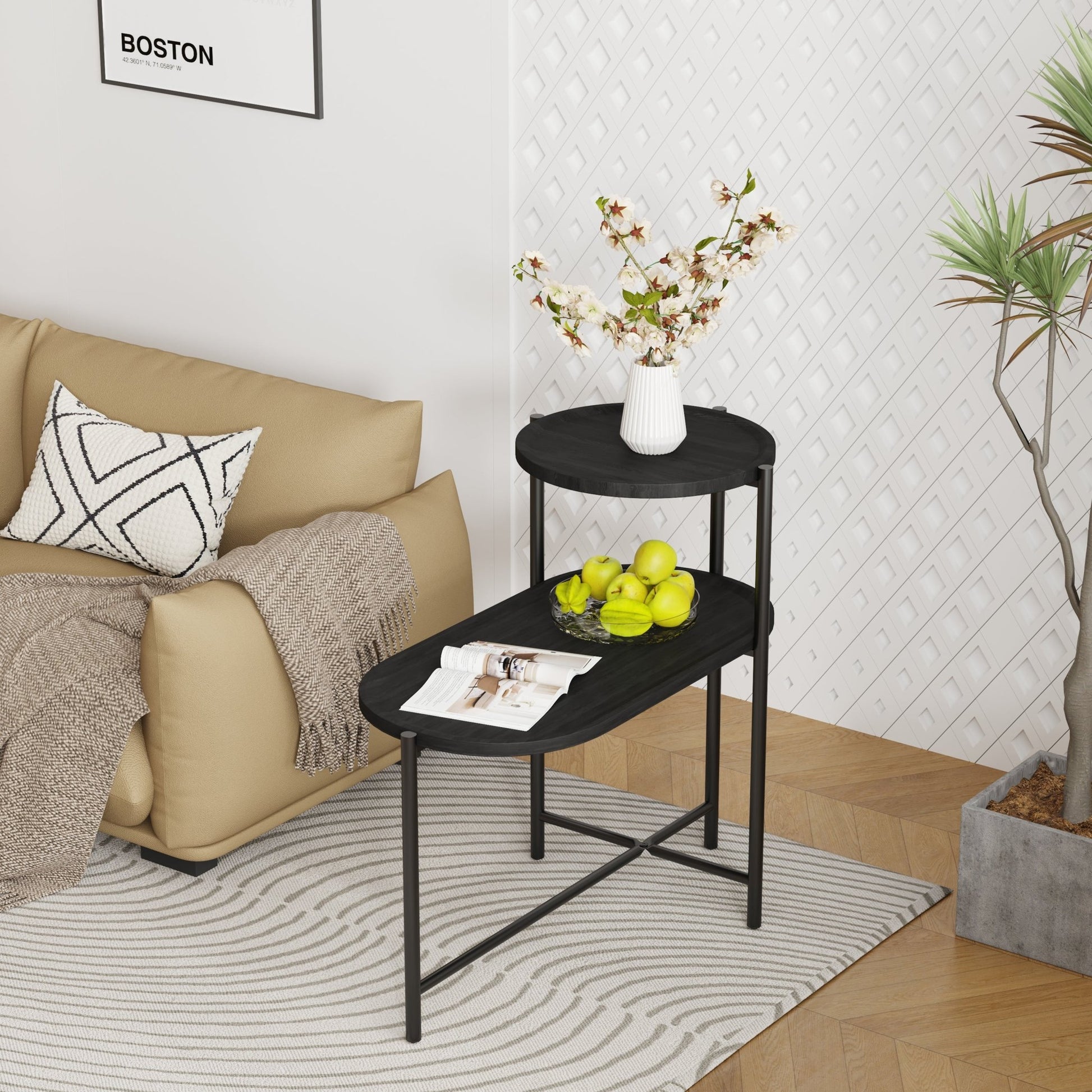 Round Coffee Table with Storage Tray 2 Tier Oval End Tables Wooden Small Side Table for Living Room (Black) - Usofuns