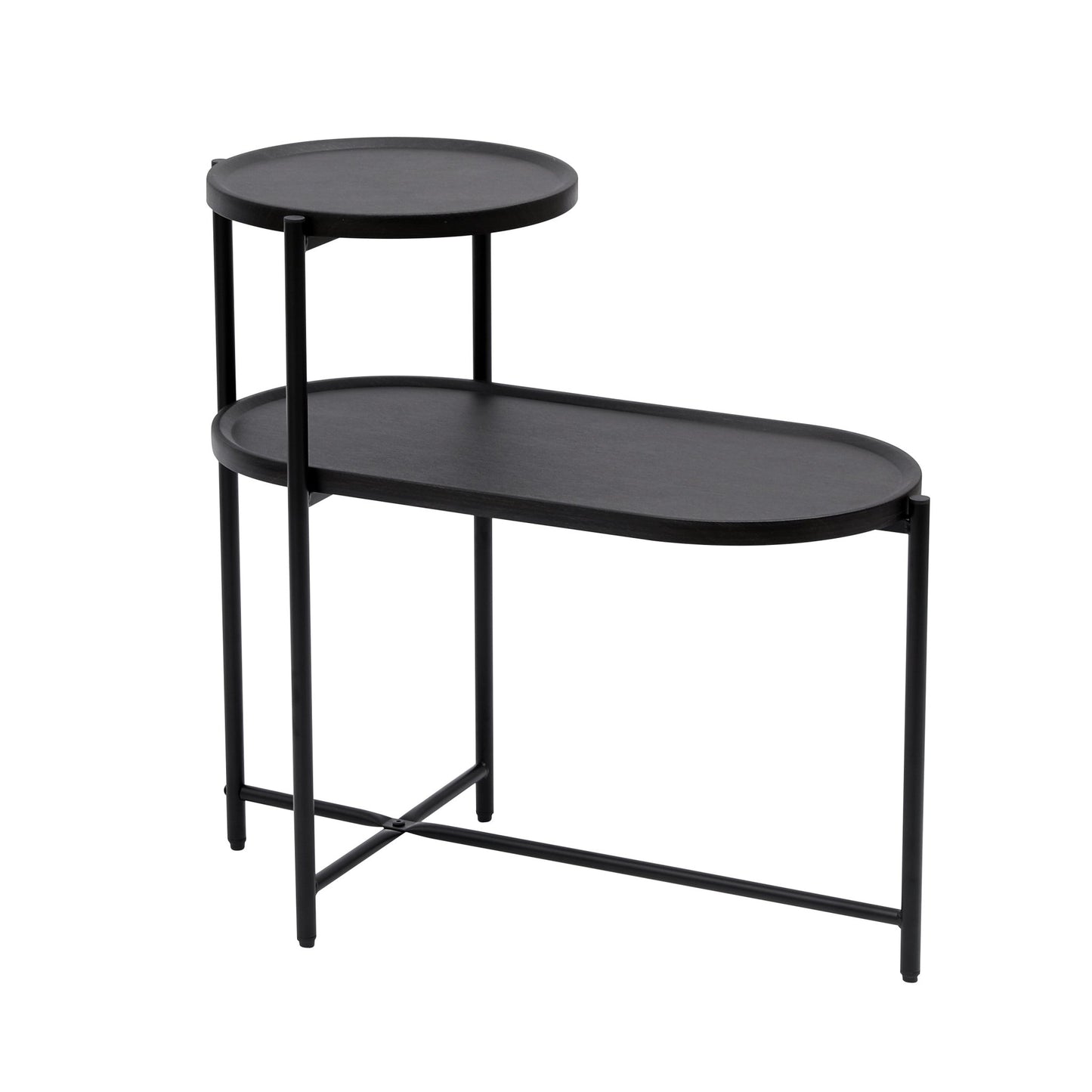 Round Coffee Table with Storage Tray 2 Tier Oval End Tables Wooden Small Side Table for Living Room (Black) - Usofuns
