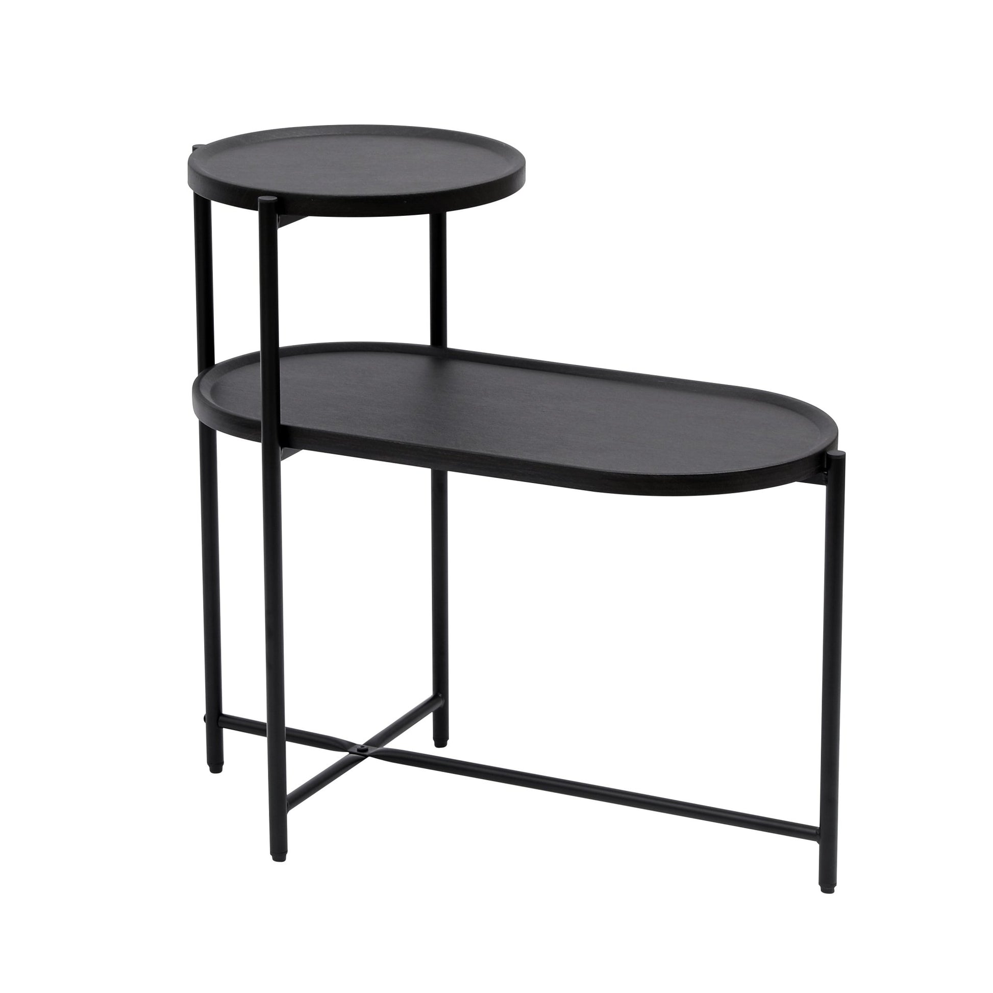 Round Coffee Table with Storage Tray 2 Tier Oval End Tables Wooden Small Side Table for Living Room (Black) - Usofuns