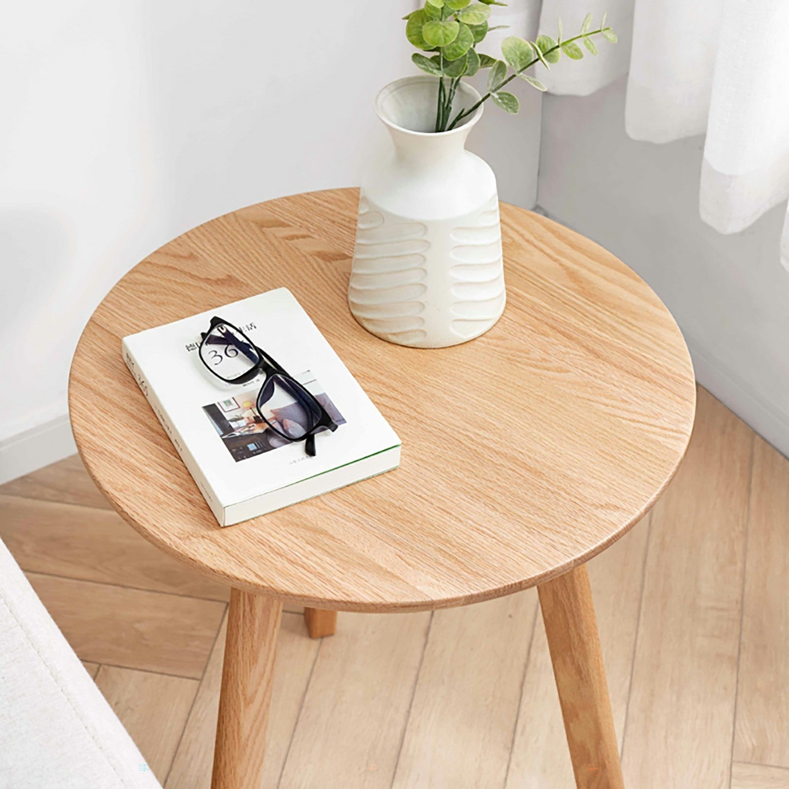Round End Table - Small End Table Side Table Coffee Table Bedside Table Night Stand for Living Room Bedroom & Balcony, 100% Natural Solid Oak Wood Easy to Assemble - Usofuns