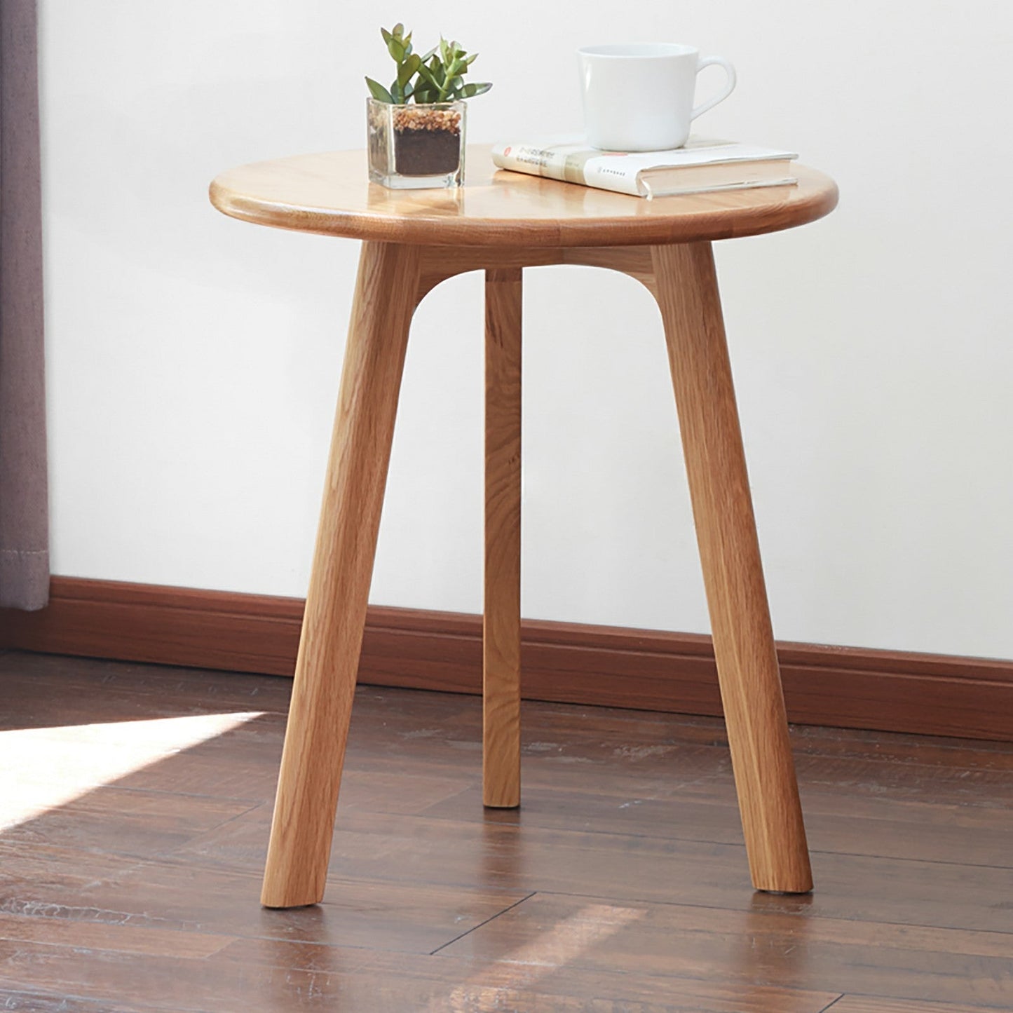 Round End Table - Small End Table Side Table Coffee Table Bedside Table Night Stand for Living Room Bedroom & Balcony, 100% Natural Solid Oak Wood Easy to Assemble - Usofuns