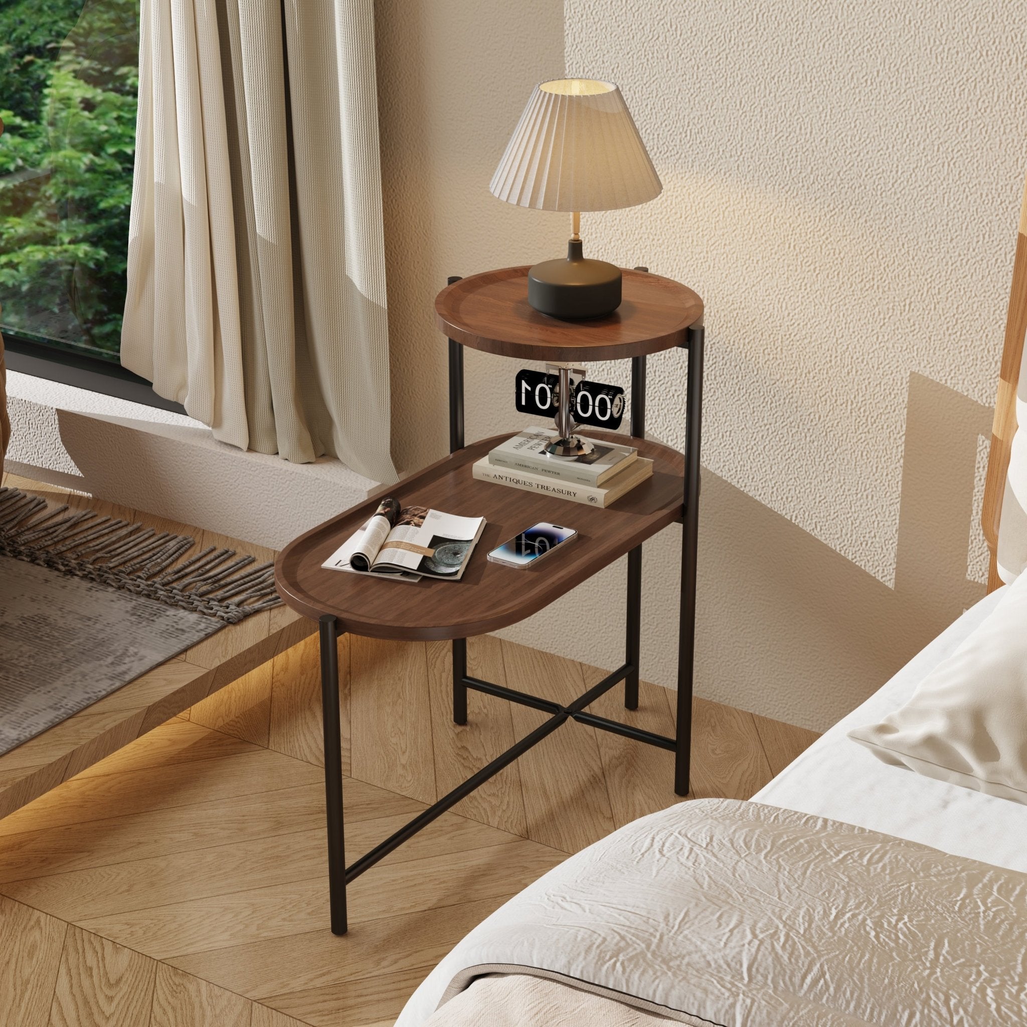 Small Coffee Tables 2 - tier Modern Sofa Side Table with Wood Storage Shelf Living Room End Tables Nightstands (Walnut Brown) - Usofuns