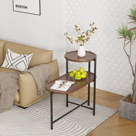 Small Coffee Tables 2 - tier Modern Sofa Side Table with Wood Storage Shelf Living Room End Tables Nightstands (Walnut Brown) - Usofuns