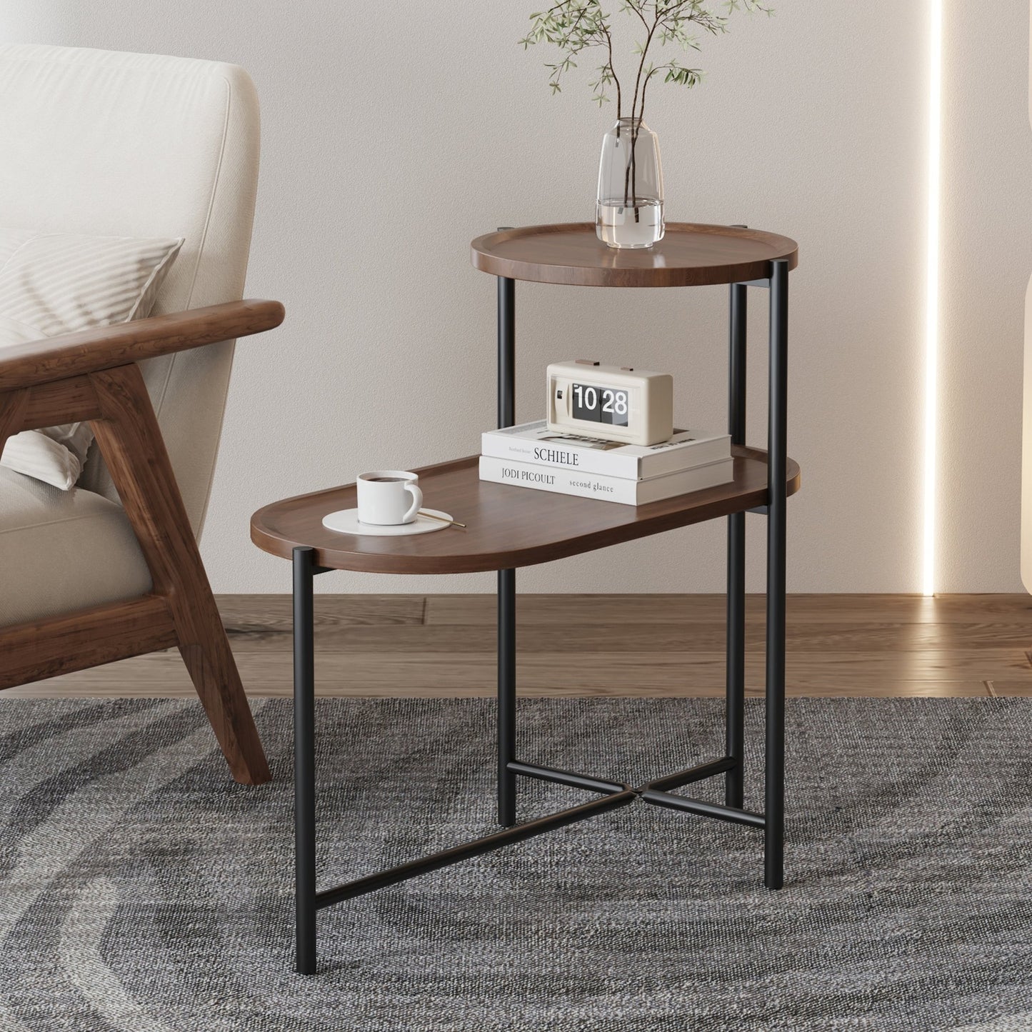 Small Coffee Tables 2 - tier Modern Sofa Side Table with Wood Storage Shelf Living Room End Tables Nightstands (Walnut Brown) - Usofuns
