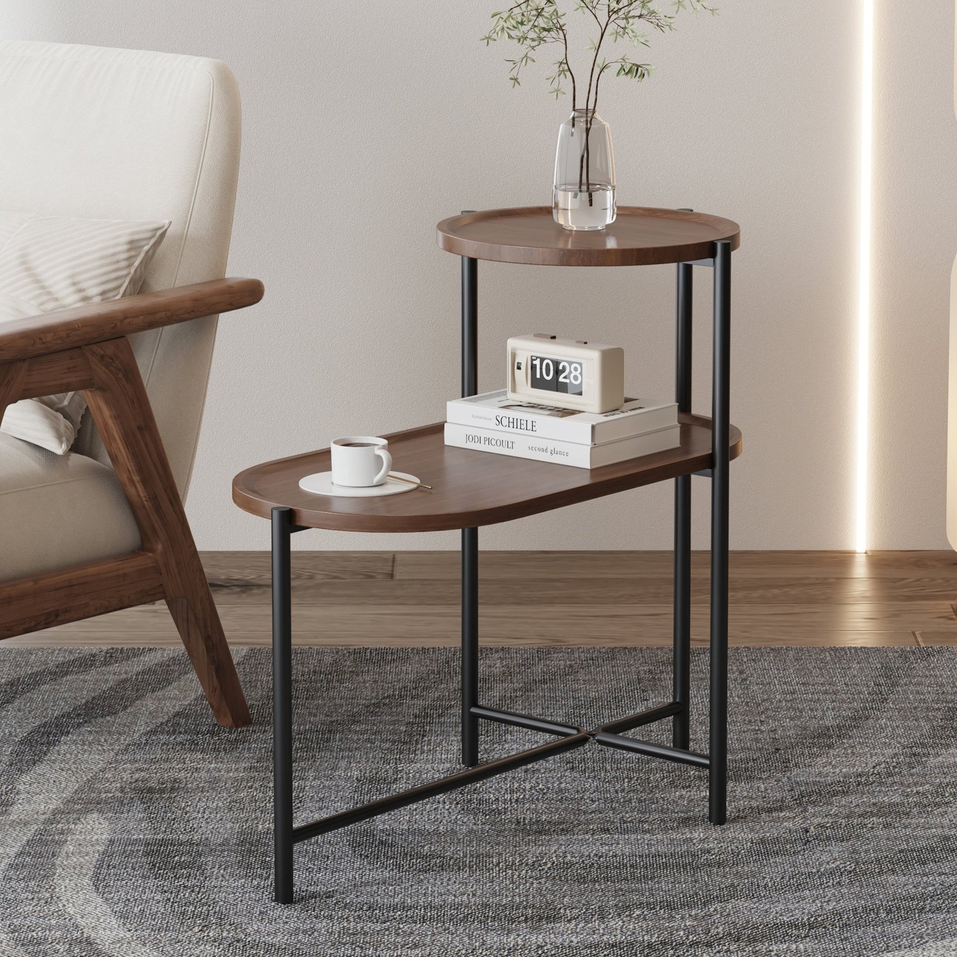 Small Coffee Tables 2 - tier Modern Sofa Side Table with Wood Storage Shelf Living Room End Tables Nightstands (Walnut Brown) - Usofuns