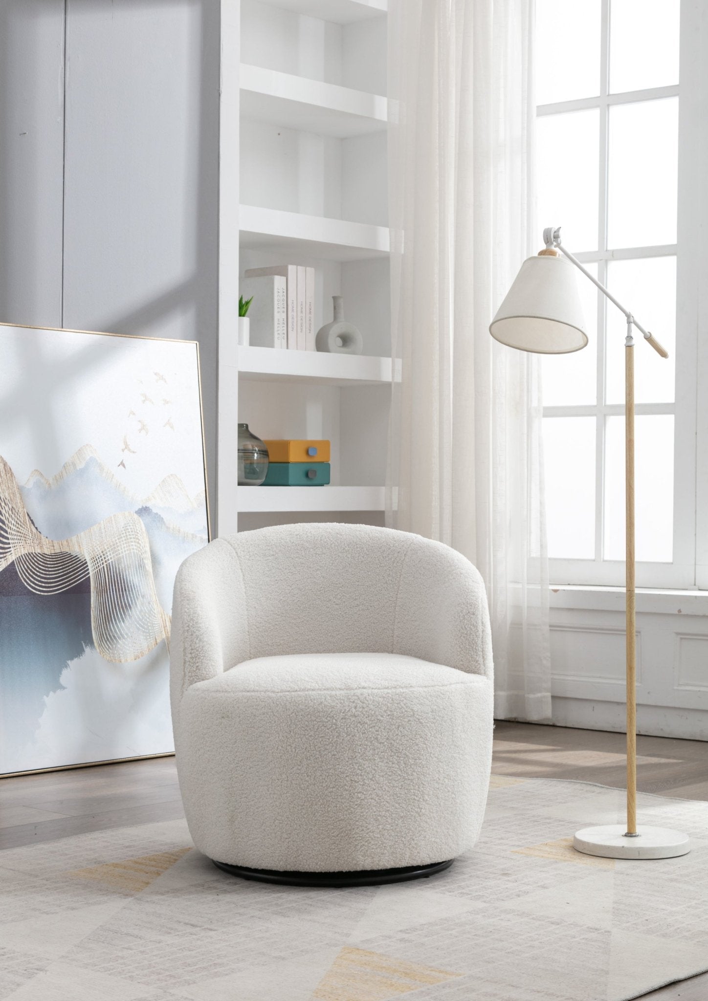 Teddy Fabric Swivel Accent Armchair Barrel Chair With Black Powder Coating Metal Ring,Ivory White - Usofuns