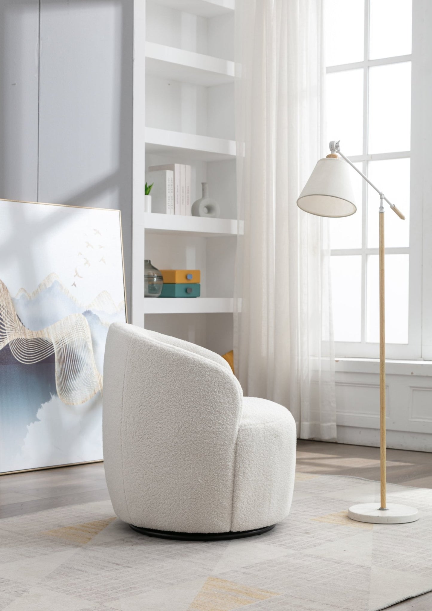 Teddy Fabric Swivel Accent Armchair Barrel Chair With Black Powder Coating Metal Ring,Ivory White - Usofuns