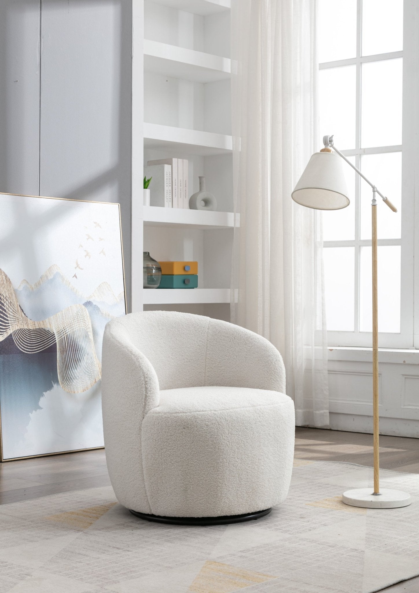 Teddy Fabric Swivel Accent Armchair Barrel Chair With Black Powder Coating Metal Ring,Ivory White - Usofuns