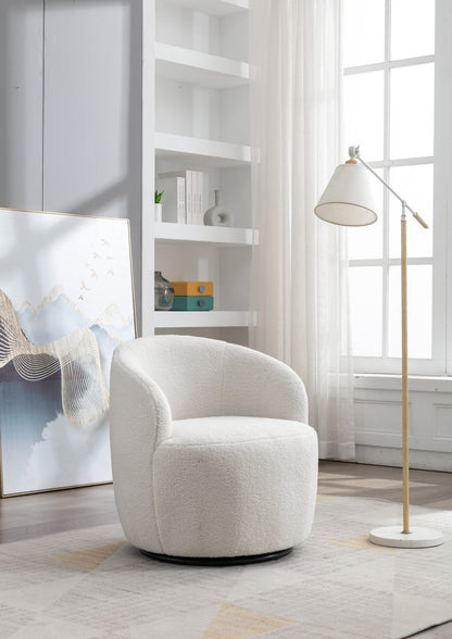 Teddy Fabric Swivel Accent Armchair Barrel Chair With Black Powder Coating Metal Ring,Ivory White - Usofuns