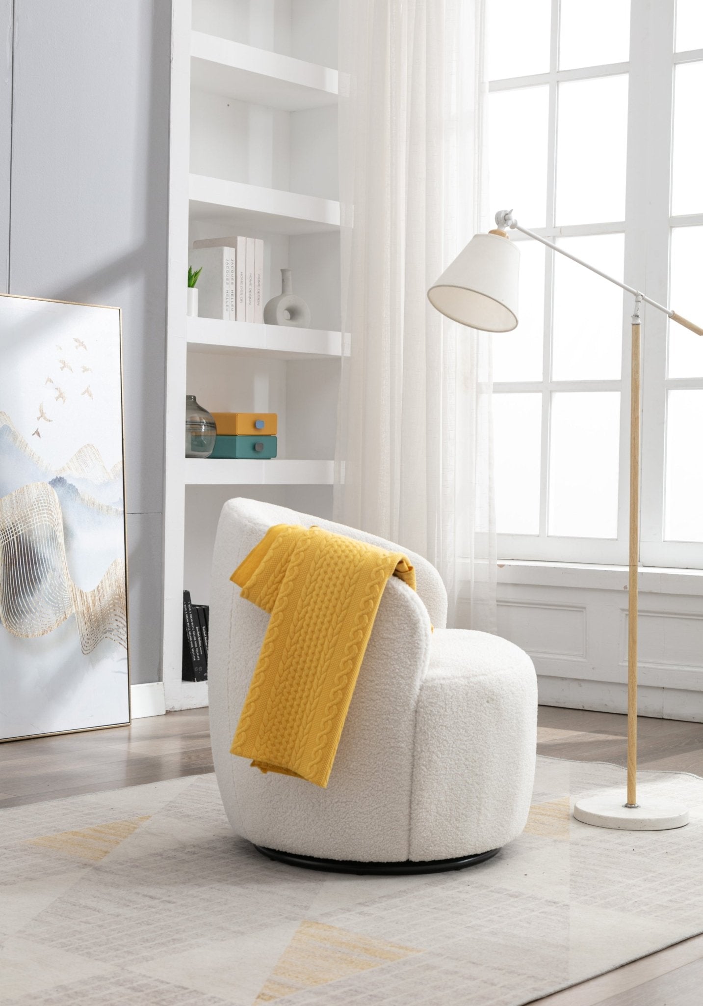 Teddy Fabric Swivel Accent Armchair Barrel Chair With Black Powder Coating Metal Ring,Ivory White - Usofuns