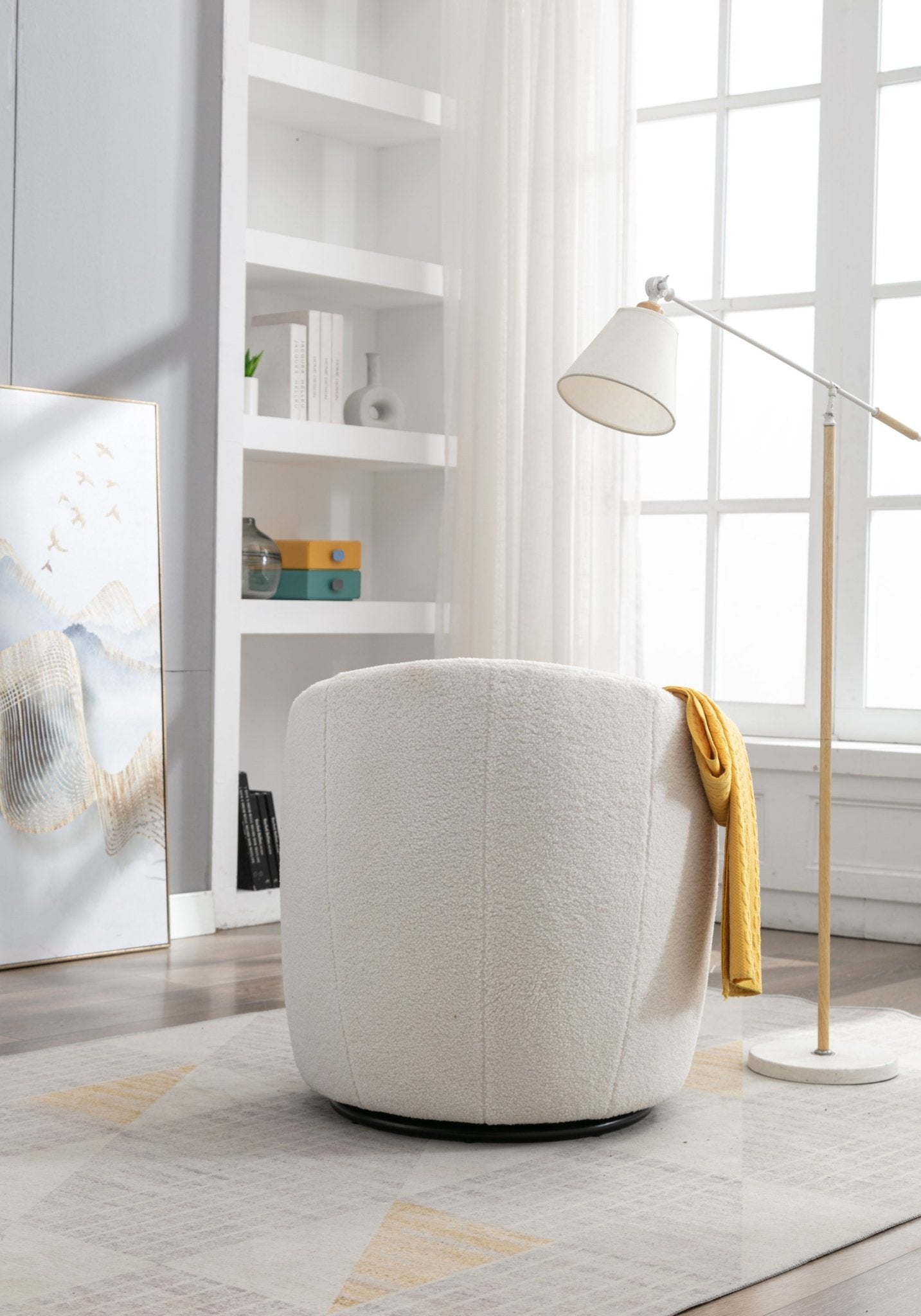 Teddy Fabric Swivel Accent Armchair Barrel Chair With Black Powder Coating Metal Ring,Ivory White - Usofuns