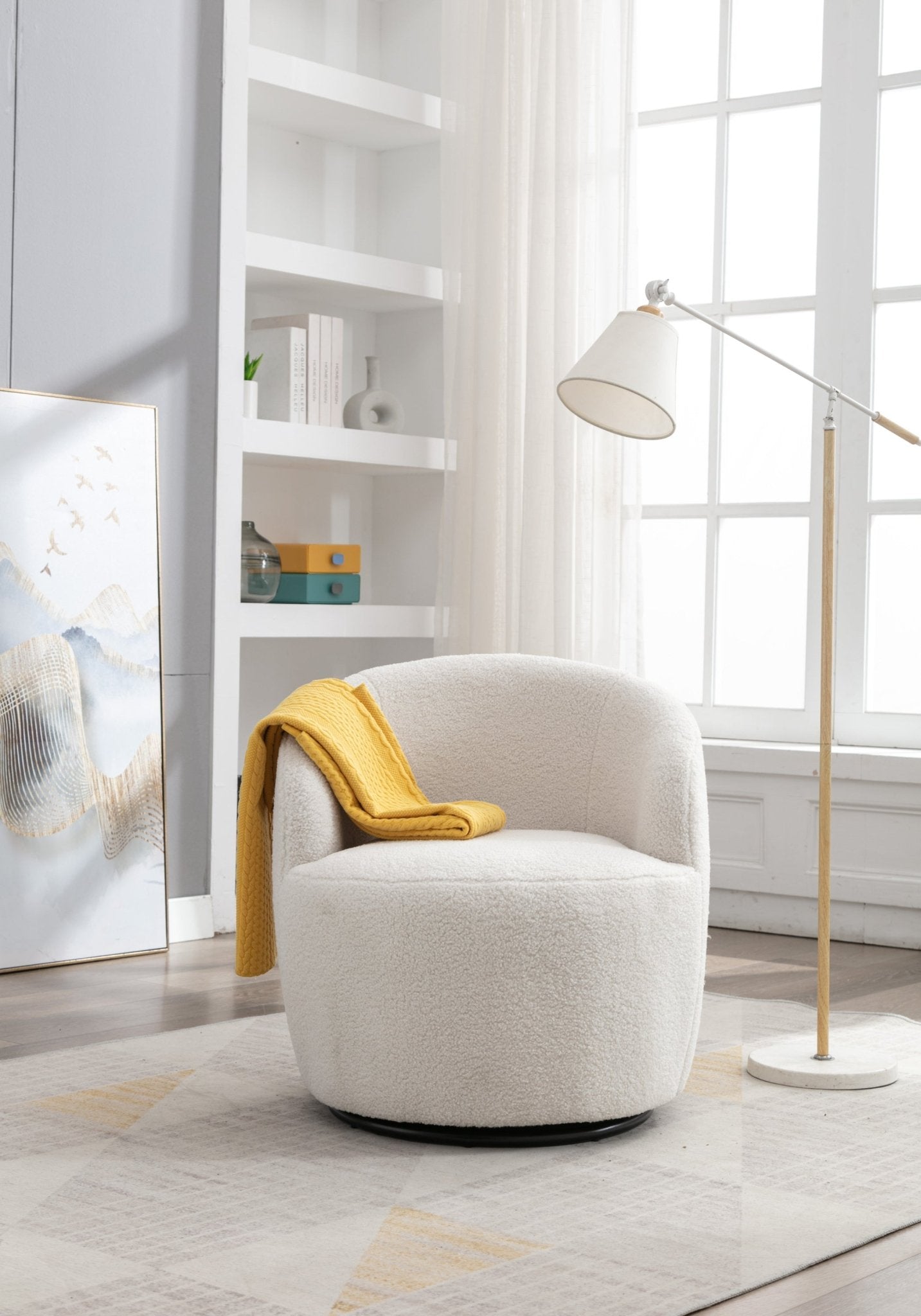 Teddy Fabric Swivel Accent Armchair Barrel Chair With Black Powder Coating Metal Ring,Ivory White - Usofuns