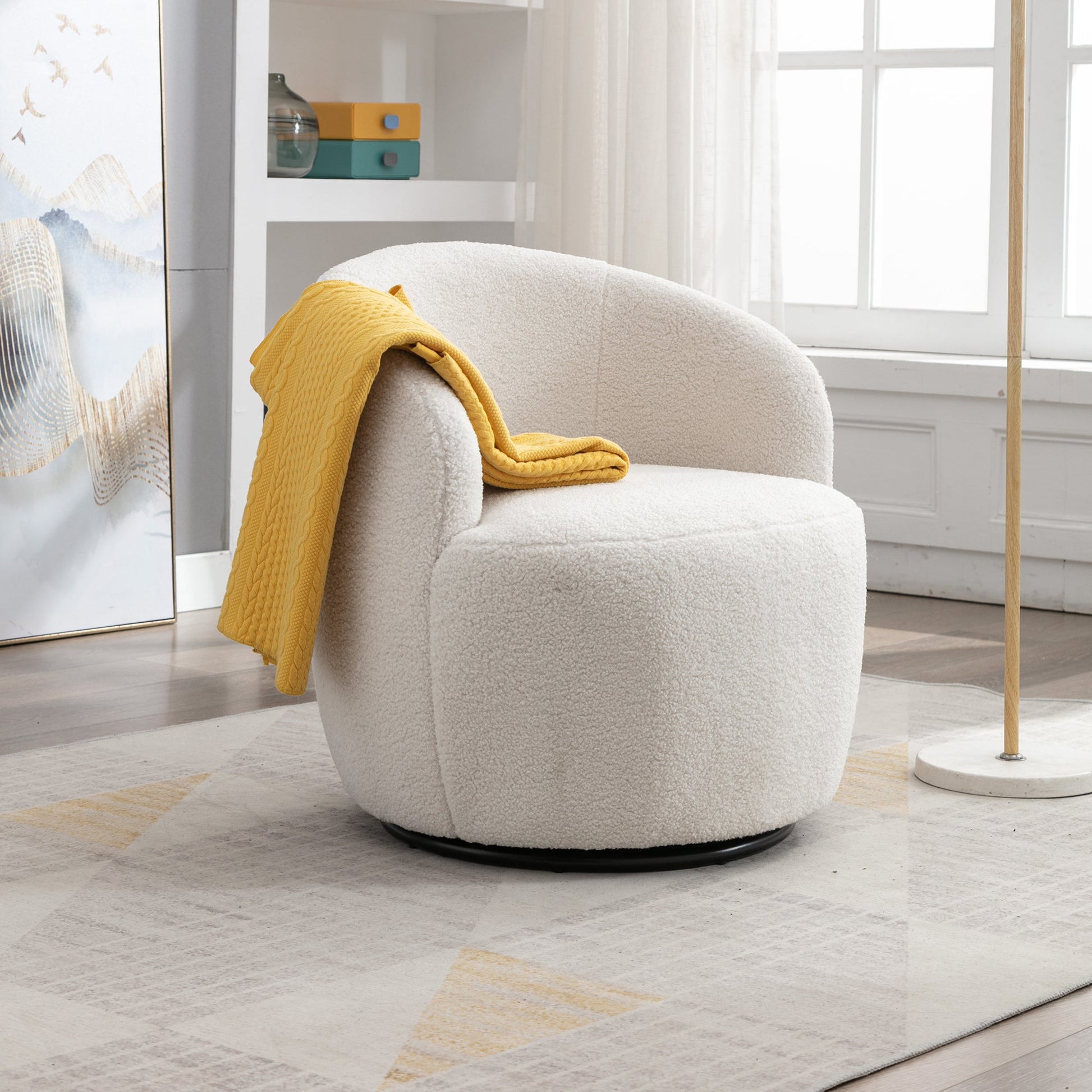 Teddy Fabric Swivel Accent Armchair Barrel Chair With Black Powder Coating Metal Ring,Ivory White - Usofuns
