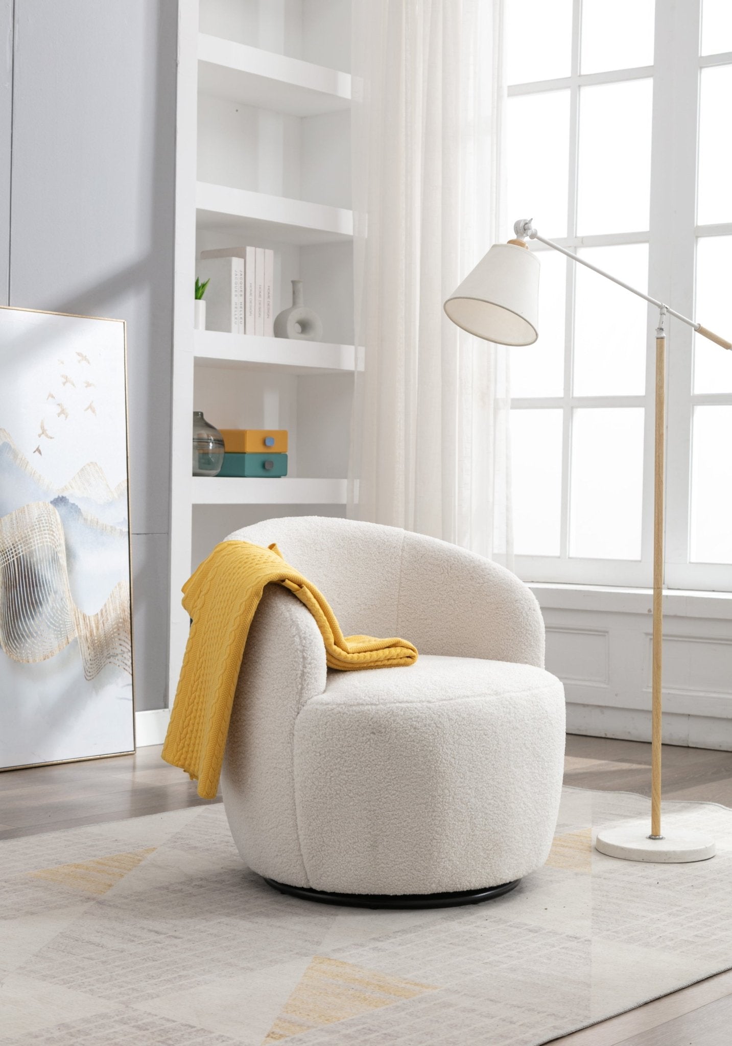 Teddy Fabric Swivel Accent Armchair Barrel Chair With Black Powder Coating Metal Ring,Ivory White - Usofuns